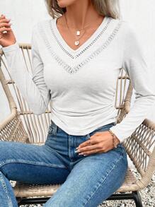 SHEIN Frenchy Guipure Lace Insert Ruched Tee
