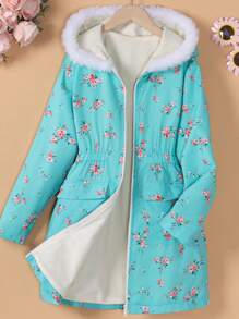 SHEIN Tween Girl Floral Print Fuzzy Trim Hooded Coat - Green - View 1
