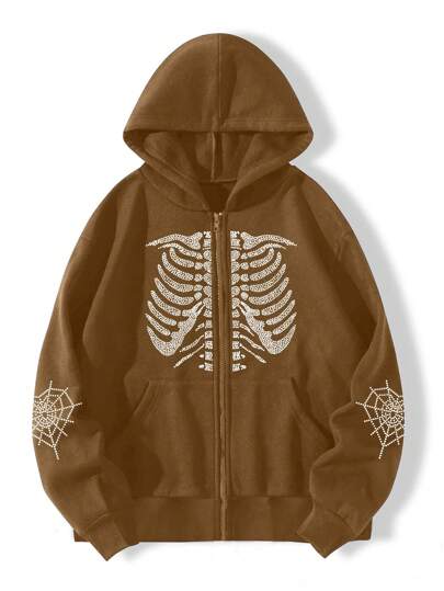 SHEIN EZwear Plus Size Skeleton Print Rhinestones Zip Up Thermal Lined Sweatshirt