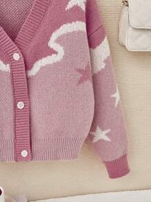SHEIN Tween Girl Casual Loose Fit Long Sleeve V-neck Knitted Cardigan - Pink - View 3