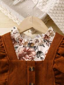 SHEIN 女小童印花荷葉袖上衣和荷葉邊背帶連身褲 - 棕色 - 查看 3