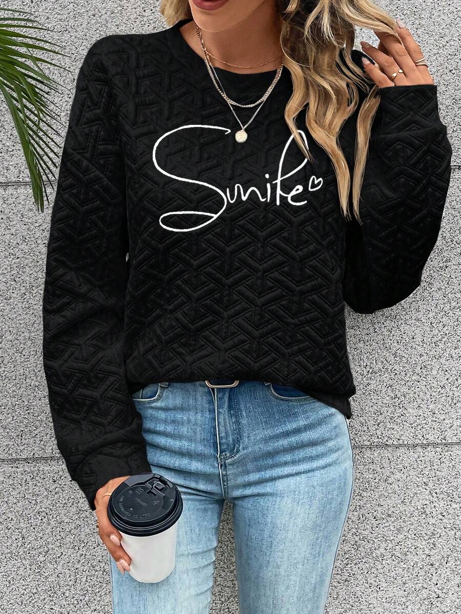 SHEIN LUNE 字母圖案落肩袖運動衫 - 黑色 - 查看 1