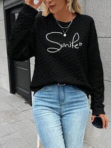 SHEIN LUNE 字母圖案落肩袖運動衫 - 黑色 - 查看 6
