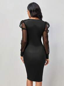 SHEIN Clasi Đầm Bodycon tay phồng phối lưới in hoa tương phản - Đỏ - Xem 2