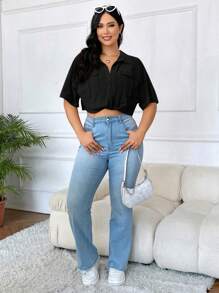 SHEIN EZwear Plus Flap Pocket Knot Hem Crop Blouse - Black - View 5