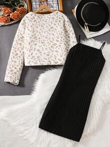 Teen Girl Allover Print Fluffy Jacket & Ribbed Cami Dress - White - View 2