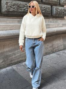 EURMUSE Solid Drop Shoulder Teddy Hoodie - White - View 1