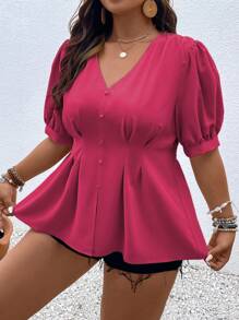 SHEIN LUNE Áo Peplum xếp ly tay bồng Plus - Màu Hồng Tươi - Xem 3