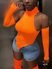 Slaydiva 素色不對稱下擺掛脖上衣帶袖子 - 亮橙色 - 查看 3