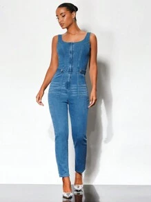 SHEIN BAE Zip Up Denim Jumpsuit - Blue - View 1