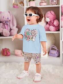 SHEIN Baby Girl Letter Graphic Drop Shoulder Tee & Leopard Print Shorts - Multicolor - View 3