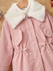 SHEIN 女小童羊絨領口腰部抽繩翻蓋細節外套 - 粉色 - 查看 6