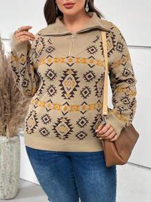 EMERY ROSE Talla grande Jersey con patrón geométrico con cremallera media de hombros caídos - Multicolor - Ver 1