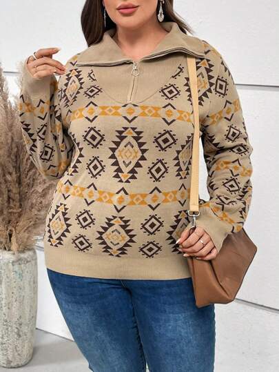 EMERY ROSE Talla grande Jersey con patrón geométrico con cremallera media de hombros caídos