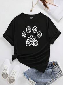 SHEIN LUNE Plus Paw Print Tee - Black - View 1
