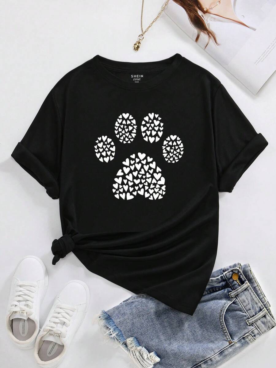 SHEIN LUNE Plus Paw Print Tee - Black - View 1