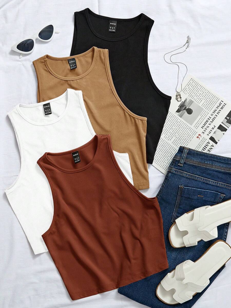 Chiquease 4入組螺紋針織素色背心上衣 - 彩色 - 查看 1