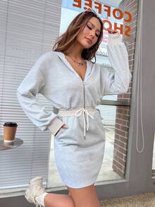 SHEIN Unity Zip Detailed Drawstring Waist Drop Shoulder Hoodie Dress - Grey - View 4