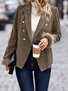 SHEIN Clasi 千鳥格印花毛茸茸袖口雙排釦西裝外套