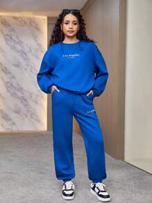 青少年女孩字母圖案落肩袖衛衣和衛褲 - 藍色 - 查看 4