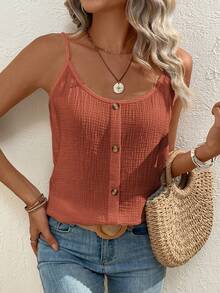 SHEIN LUNE 素色前紐扣吊帶上衣 - 藕粉色 - 查看 4