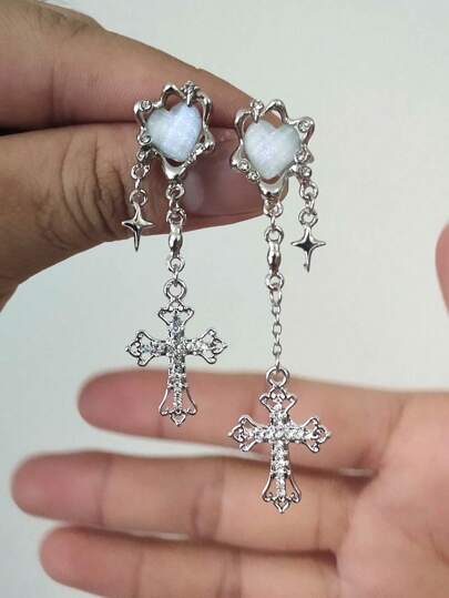 ROMWE Kawaii 1 par de pendientes colgantes con decoración de corazón y cruz de aleación de zinc glamorosos para mujer, regalo para citas, San Valentín, mamá, madre, Día de la Madre