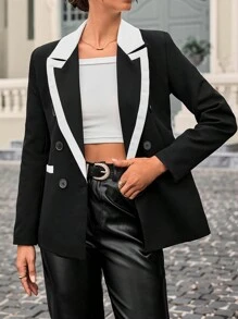 EURMUSE Contrast Trim Double Breasted Blazer - Black - View 1