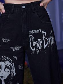 Corpse Bride | ROMWE 字母圖案闊腿牛仔褲 - 黑色 - 查看 5