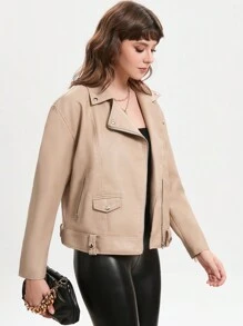 GENKIRA Áo khoác Moto có khóa kéo - Màu Khaki - Xem 4