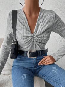 EURMUSE 前扭結條紋針織T恤 - 灰色 - 查看 1