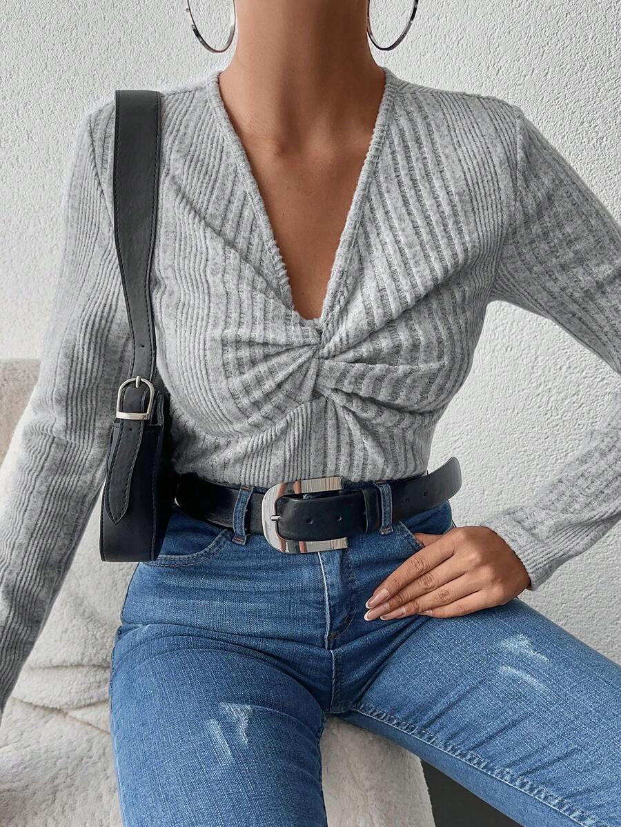 EURMUSE 前扭結條紋針織T恤 - 灰色 - 查看 1