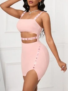 SHEIN Slayr Letter Graphic Cut Out Split Hem Cami Dress - Pink - View 5