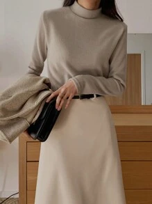 DAZY Women's Basic Thermal Lined Mock Neck Slim Fit Solid Color T-Shirt Fall,Winter Long Sleeve Top - Khaki - View 3