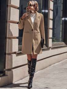 SHEIN LUNE 西裝領單釦花呢外套 - 卡其色 - 查看 5