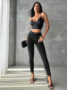 SHEIN PETITE Zipper Fly Skinny Jeans Without Belt - Black - View 1