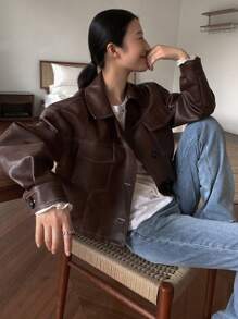 FRIFUL Flap Pocket Drop Shoulder PU Jacket,Fall Women Clothes - Coffee Brown - View 5