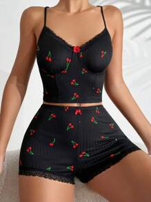SHEIN Cherry Print Lace Trim Cami Top & Shorts PJ Set / Pajama Set - Black - View 1