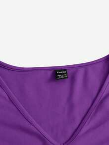SHEIN EZwear Cổ chữ V Chất rắn Áo phông Crop - Màu tím - Xem 4