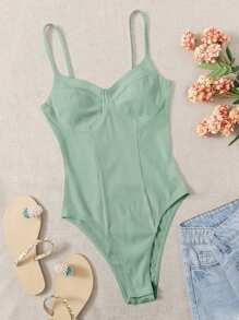 SHEIN EZwear Body tejido de canalé bustier unicolor - Verde - Ver 1