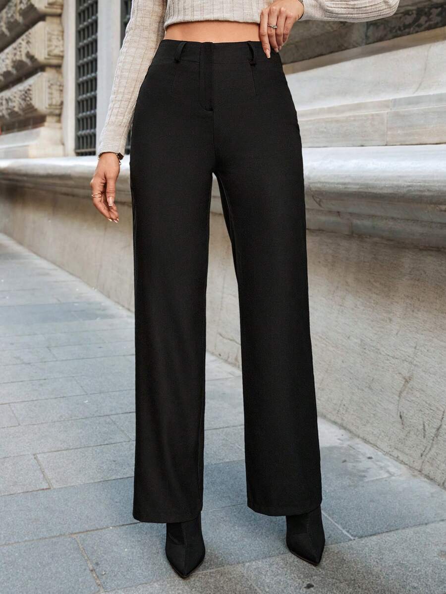 EURMUSE Chất rắn Cao eo quần ống rộng Quần tây - màu đen - Xem 1