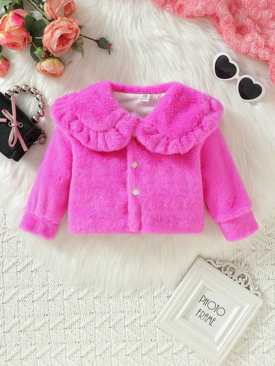SHEIN 女嬰誇大領口毛茸茸外套 - 粉色 - 查看 1
