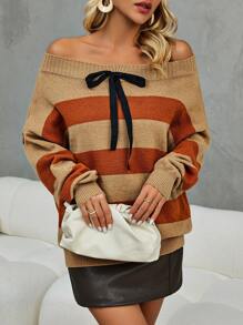 SHEIN LUNE Color Block Off Shoulder Knot Front Drop Shoulder Sweater
