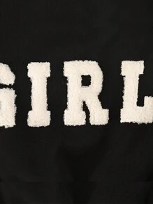 Chaqueta corta de forro polar con bordado de letras casual, abrigo de invierno grueso para mujer - Negro - Ver 5