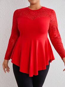 SHEIN Privé Plus Contrast Lace Peplum Tee - Red - View 6