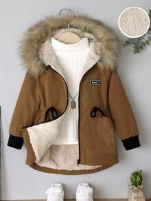 SHEIN 男小童毛茸邊連帽加絨內裏外套 - 棕色 - 查看 3