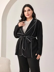 Modelyn Plus Contrast Piping Belted Blazer
