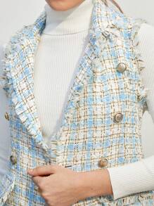 BizChic Khía Vòng cổ Frayed Cạnh Tweed Áo khoác Vest Trang phục làm việc - Xanh và trắng - Xem 4