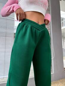 SHEIN Unity 純色鬆緊腰斜袋運動褲 - 墨綠色 - 查看 6