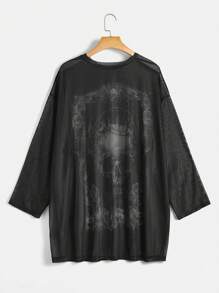 SHEIN EZwear Plus Halloween Skull Print Drop Shoulder Mesh Top Without Bra - Black - View 2