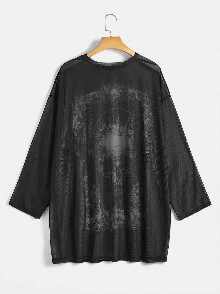 SHEIN EZwear Plus Halloween Skull Print Drop Shoulder Mesh Top Without Bra - Black - View 2